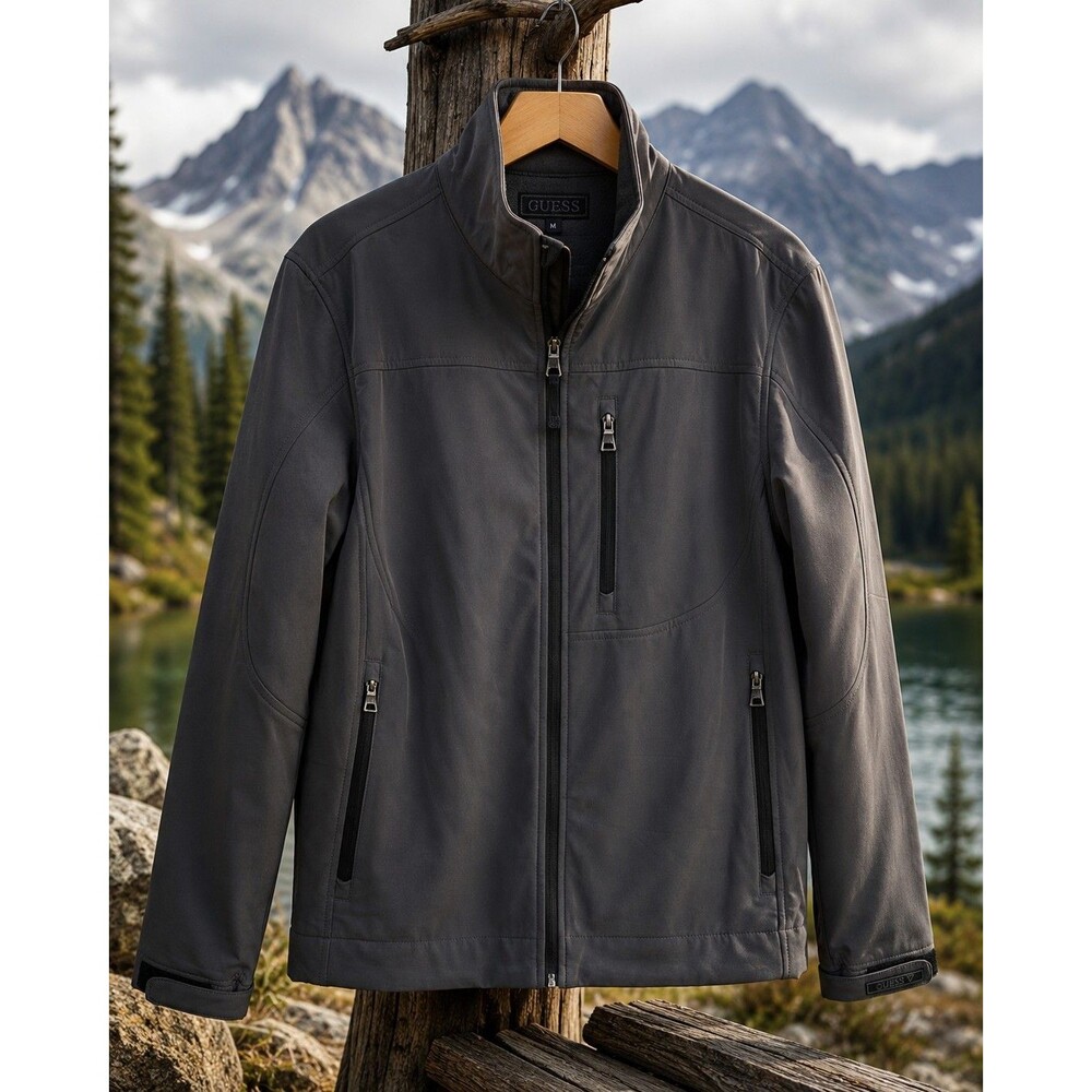 Guess Men's Gray Softshell Jacket Fleece Lined Wind Water Resistant Medium